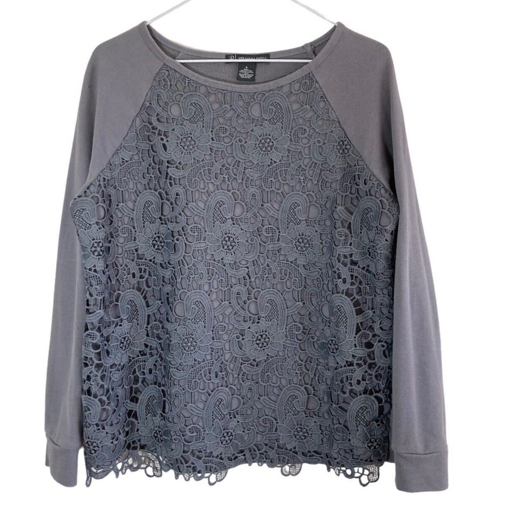 Adrianna Papell Women's Top S Gray Fleece Crocheted Lace Athleisure Everyday